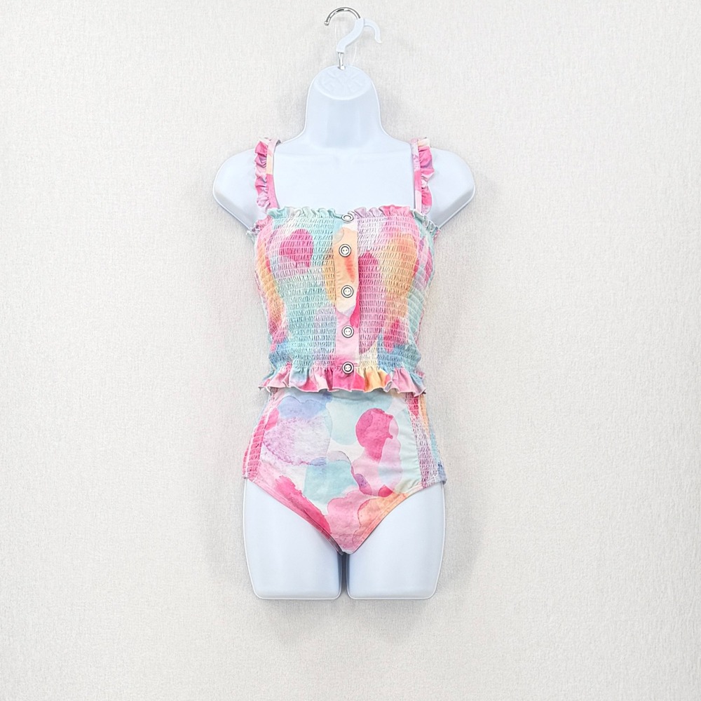 RAD SWIM Betsy Smocked Bikini Medium Pink Blue Watercolor High Waist Swimsuit - Picture 3 of 16